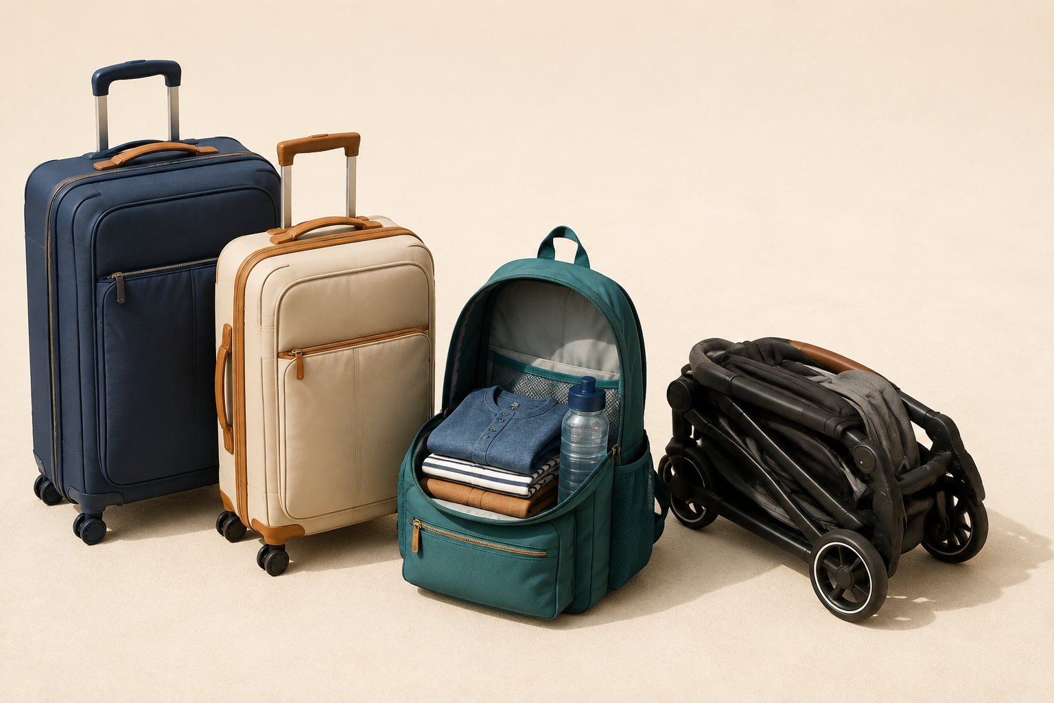 Original AI packing illustration separating overnight suitcases, a park-day backpack and a folded stroller; not a hotel storage-service photo